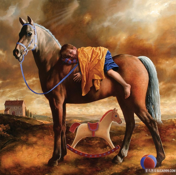骏马木马男孩风景画油画