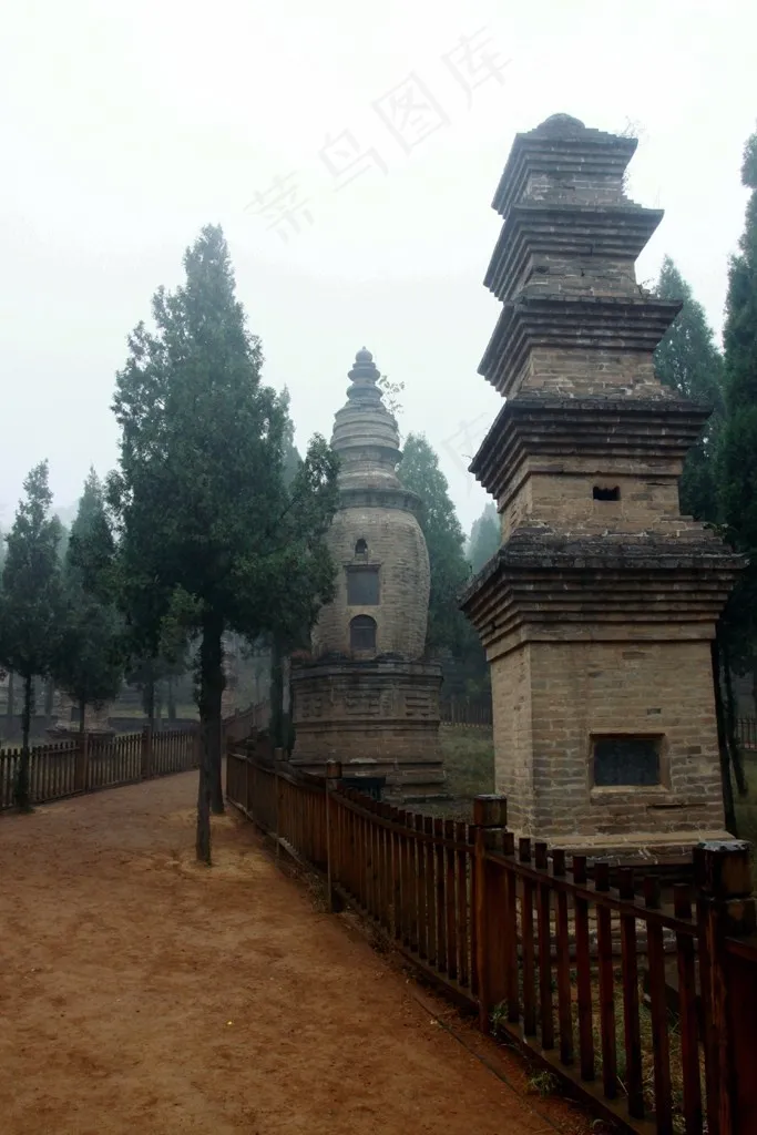 护栏内外的石塔与松树