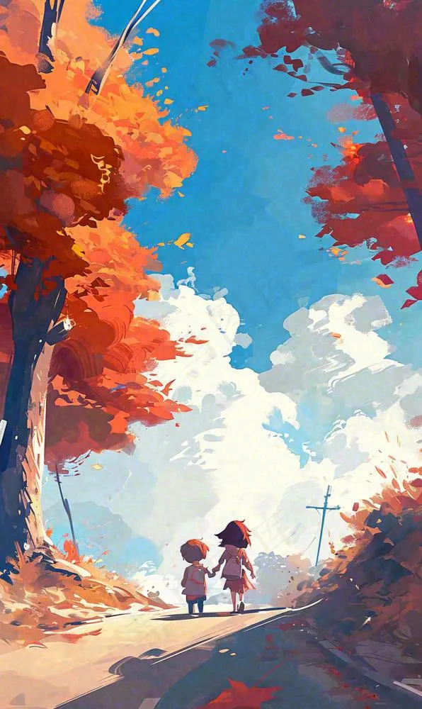 秋天红色秋叶树落叶温馨自然风景，立秋手绘插画(816x1369)