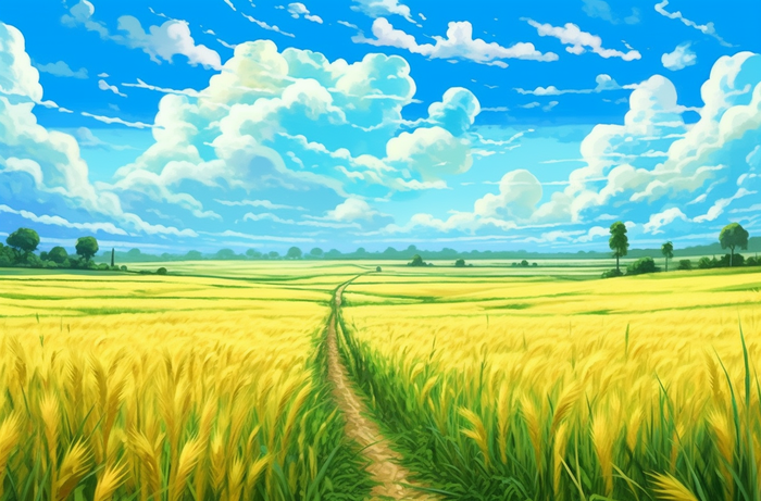 蓝天下的稻田黄色的稻谷插画背景(4080x2688)
