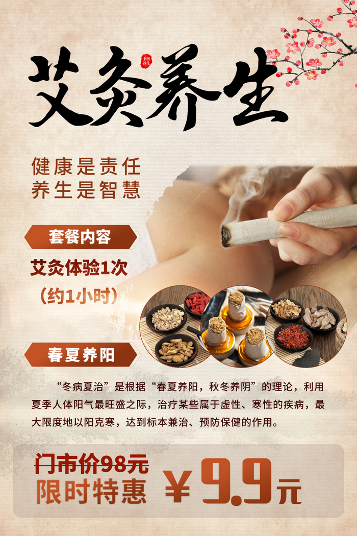 古典怀旧简约插画摄影艾灸养生海报