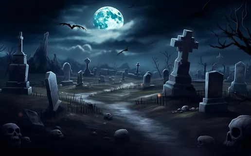 万圣节夜晚坟墓恐怖月色树林插画蓝黑色背景