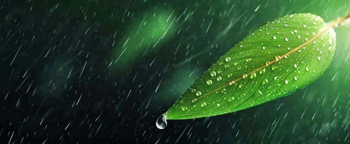 春天下雨天树叶草叶上的露珠水珠，谷雨雨水摄影图(1712x704)