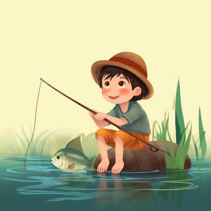 男孩钓鱼形象元素