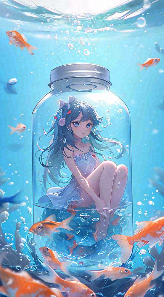 漫画少女海底瓶罐金鱼水面鱼类游泳插画手绘(816x1472)