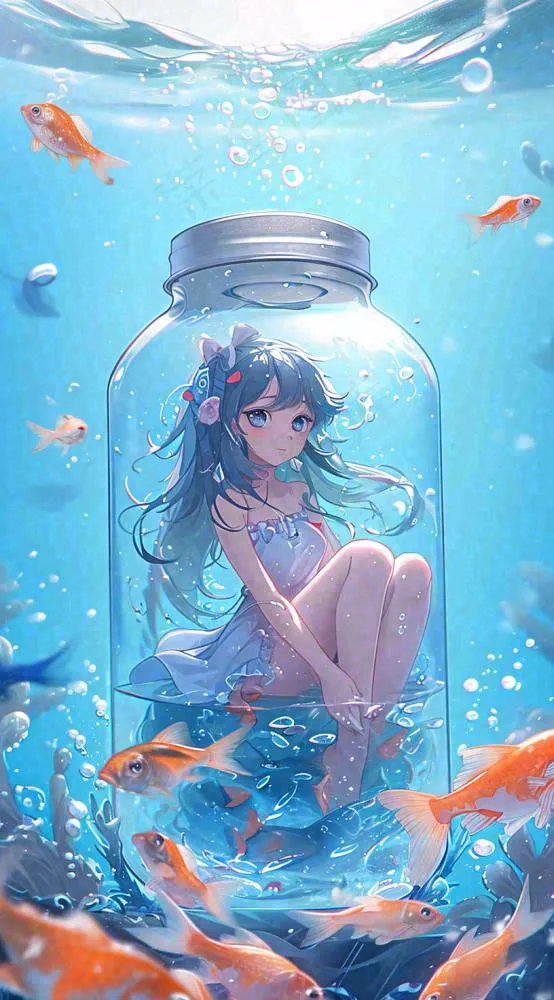 漫画少女海底瓶罐金鱼水面鱼类游泳插画手绘(816x1472)