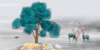 水墨山水大树双鹿背景