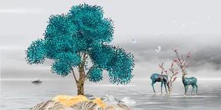 水墨山水大树双鹿背景