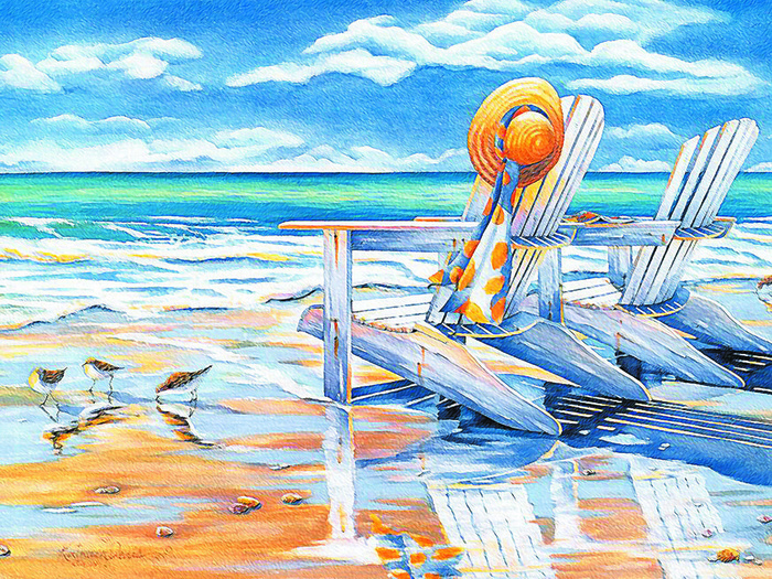 沙滩鸟儿草帽油画风景画