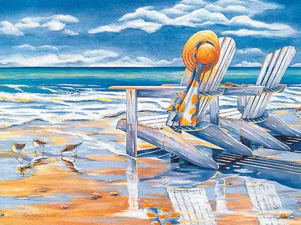 沙滩鸟儿草帽油画风景画