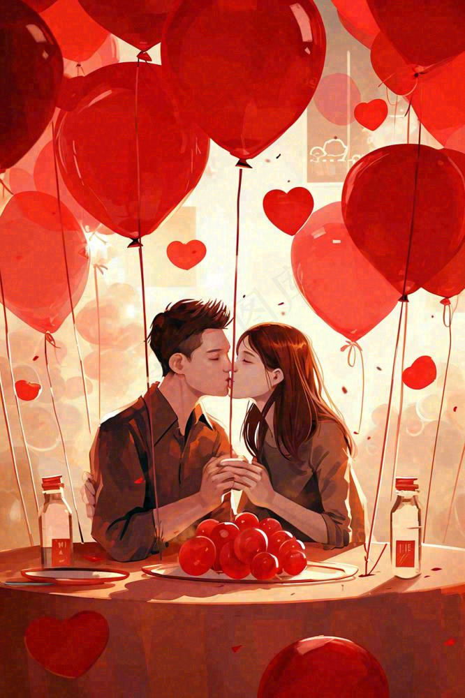 情人节爱心浪漫情侣晚餐生日蛋糕插画手绘