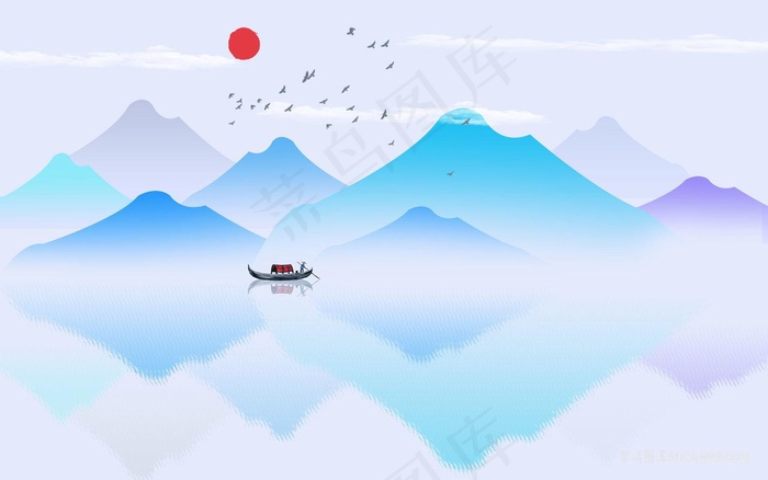 高清水墨山脉湖畔风景画