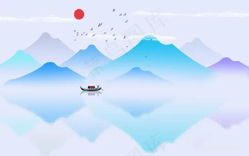 高清水墨山脉湖畔风景画 高清水墨山脉湖畔风景画