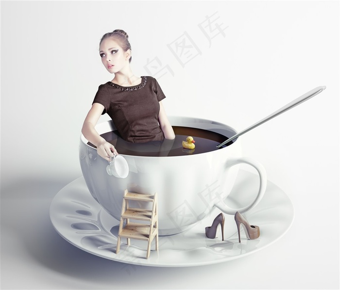 坐在咖啡杯里的美女创意高清图