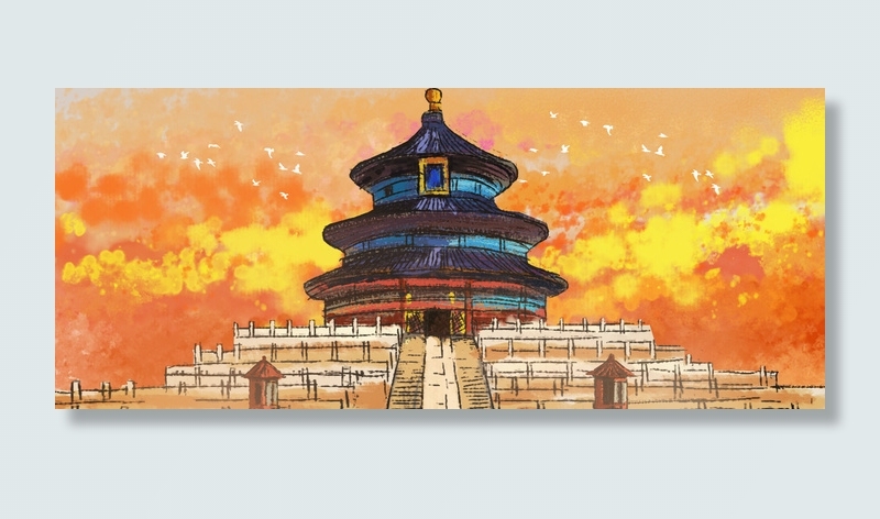 中国风国潮古建筑地标城市古风建筑阁楼印象地标手绘插画PSD素材psd模版下载