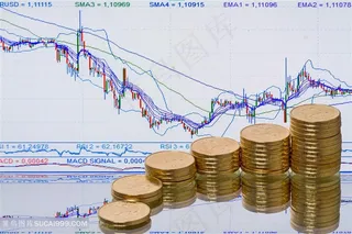 整齐的摆放在股市走势图前的金币高清摄影图片