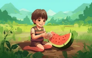 土地上吃西瓜的少年背景