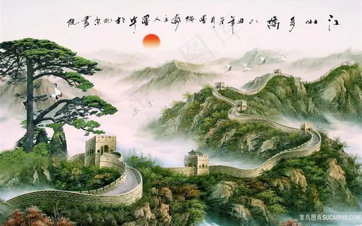 流水生财风景字画高清分辨率喷绘打印办公室挂画素材山水花草