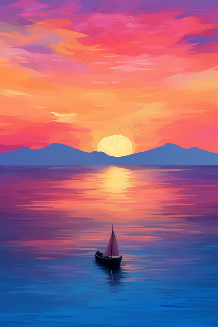 海洋日出日落晚霞夕阳行驶的帆船插画背景(2688x4032)