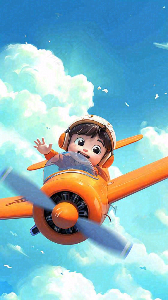 卡通少年男孩飞行飞机玩耍，可爱儿童节，天空白云