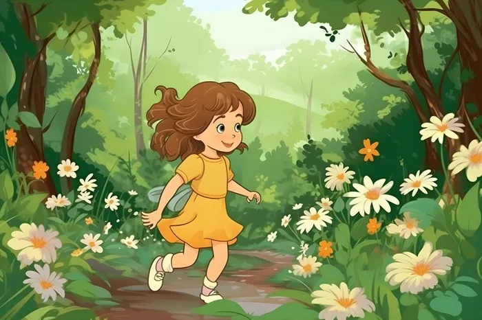 春天小女孩在森林里漫步奔跑草丛花手绘插画素材背景(5376x3584)