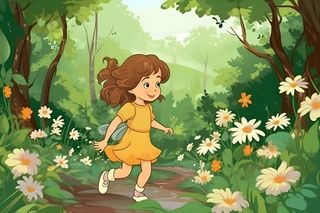 春天小女孩在森林里漫步奔跑草丛花手绘插画素材背景