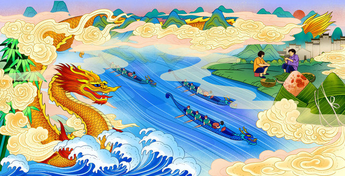 国潮风中国传统节日端午节赛龙舟粽子场景插画海报PSD设计素材psd模版下载