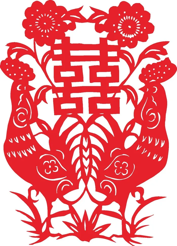 红色喜庆简约风春节窗花剪纸邮票吉祥如意恭喜发财双喜金鸡报晓矢量图cdr矢量模版下载