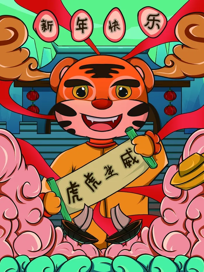 虎年中国风萌虎插画psd模版下载
