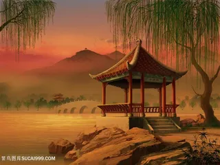 夕阳下城厅外中国风CG原画绘画图片