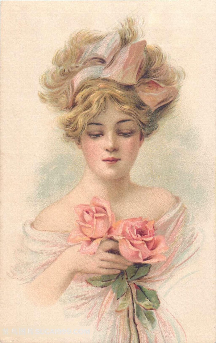 手拿玫瑰花的外国贵妇插画