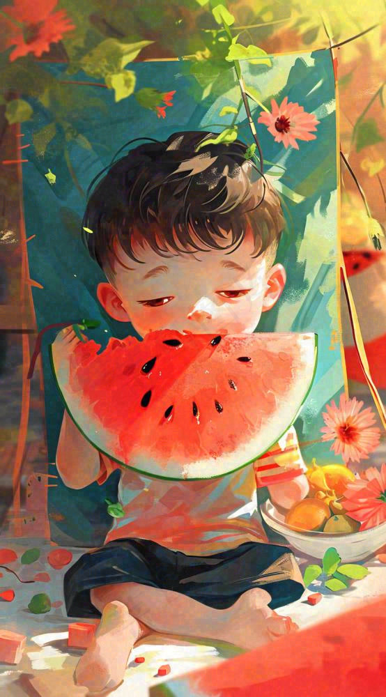 夏日清凉阳光男孩吃西瓜油画手绘插画，儿童节夏至大暑小暑(816x1472)