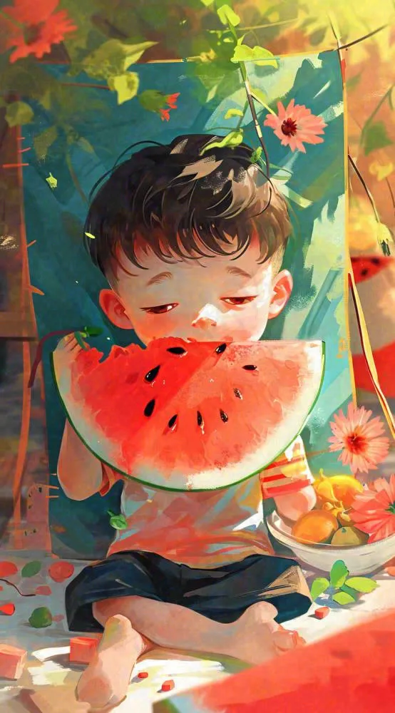 夏日清凉阳光男孩吃西瓜油画手绘插画，儿童节夏至大暑小暑(816x1472)