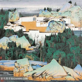 薛亮水墨风景画巍峨山脉树木建筑插画装饰画国画图片 薛亮水墨风景画巍峨山脉树木建筑插画装饰画国画图片