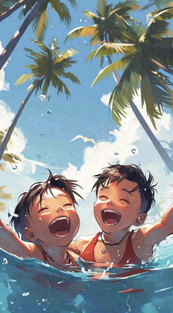 夏天火辣阳光少年游泳清爽插画，夏至夏季小暑大暑暑假(816x1472)