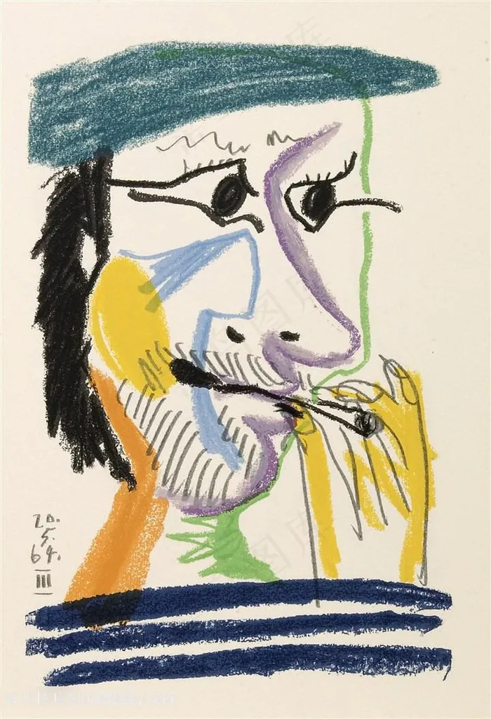毕加索手绘彩绘吸烟男子