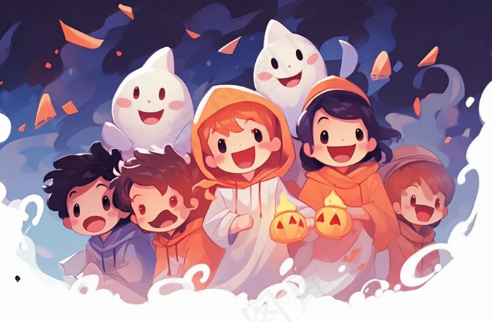 万圣节可爱搞怪小孩幽灵卡通插画素材(1344x880)