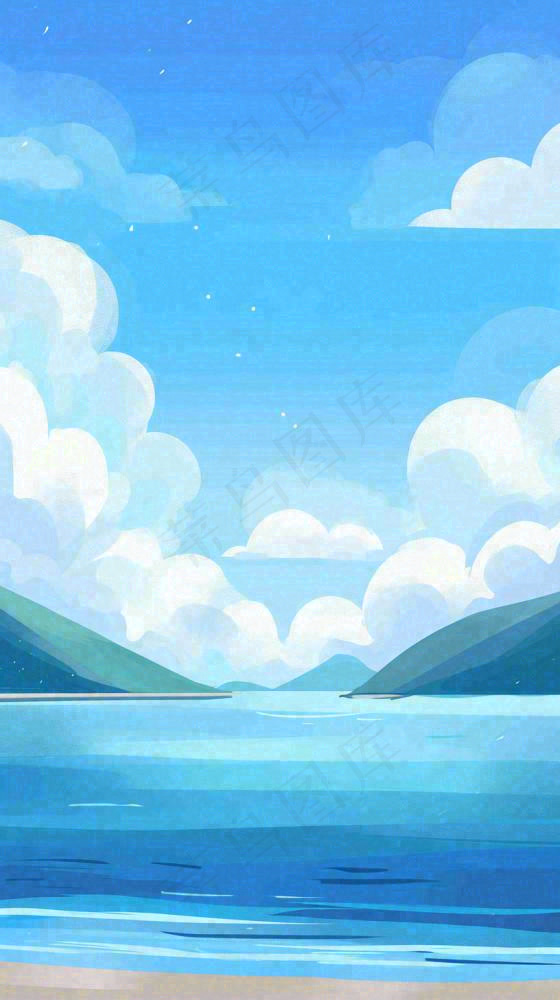 夏天蓝色扁平卡通插画蓝天白云湖水远山