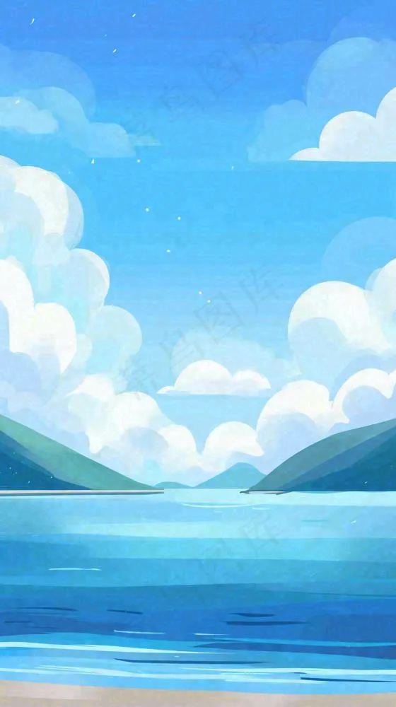 夏天蓝色扁平卡通插画蓝天白云湖水远山(816x1456)