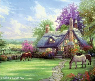 乡村房子草地马装饰画