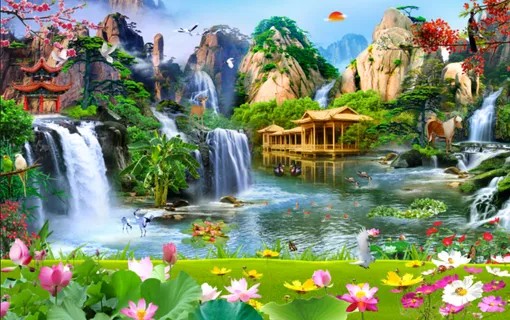 流水生财花园小船马风景 流水生财花园小船马风景