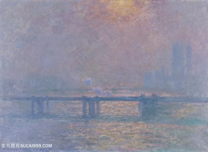 印象派莫奈夕阳下的海上桥梁油画图片