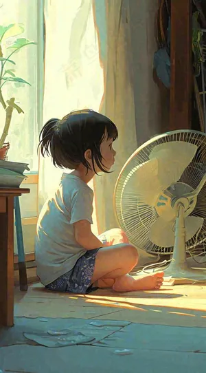 儿童在家吹风扇，夏天炎热清爽手绘插画，夏至小暑暑期