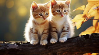 两只可爱的小猫咪站在树干树枝上玩耍摄影图