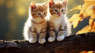 两只可爱的小猫咪站在树干树枝上玩耍摄影图