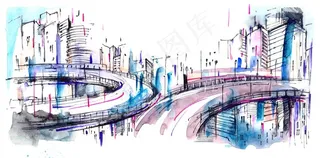 手绘水墨城市立交桥高清图片