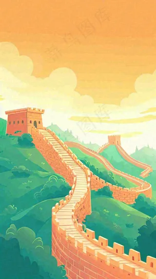 万里长城中国历史建筑扁平插画手绘，简约大气中国风