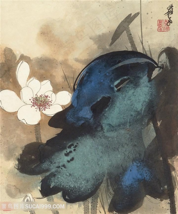 张大千手绘水墨莲花艺术挂画