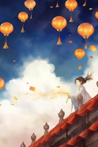 古风灯笼古城墙上的少女孔明灯插画水彩画素材