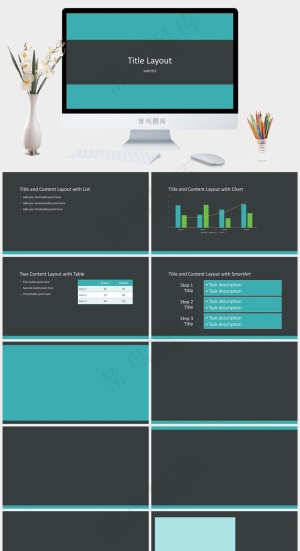 青色灰色简洁PPT模板预览图